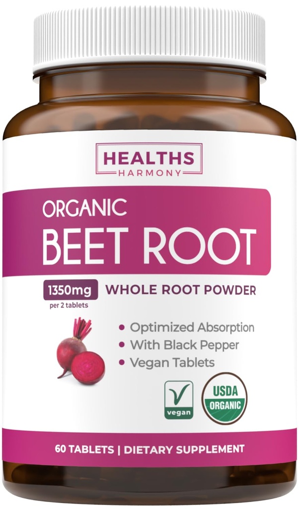 USDA Organic Beet Root Powder (60 tablet) 1350mg Beets Per Serving with Black Pepper for Extra Absorption - Super Antioxidant and Nitrate Supplement for Athletic Performance and Stamin- No Capsules