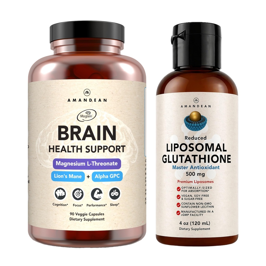 AMANDEAN Premium Brain Health Dodatek & Liposomální Glutathione Bundle. Triple Formule s Magnesium L- Threonát, USA- Grown Organic Lion 's Mane 6: 1 Extract, a Alpha- GPC. Podpora Cotning, Focus &