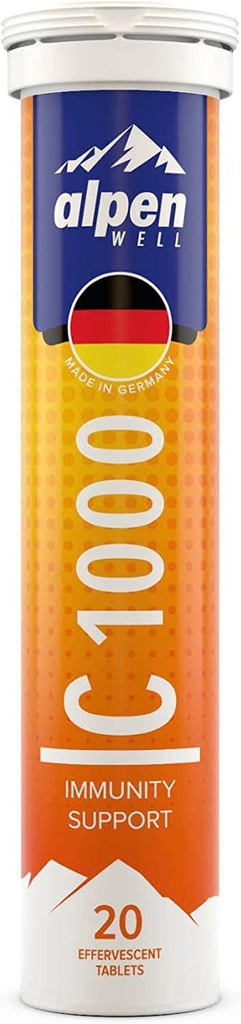 AlpenWell vitamin C - 1000mg + zinek - Imunitní podpora - 20 Effervescentní vitamínové nápoje tablety, No Cukr + Nízká kalorie dodatek, Orange Flavor [cukr zdarma]