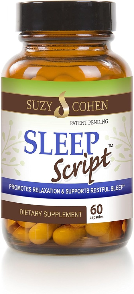 Suzy Cohen Sleep Script s melatonin - Botanický spánek a relaxační Formule pro dospělé pro nálady, stres a spánek, Obsahuje 5-HTP, L-theanine, Passionflower, Lemon Balm a GABA 60 Kapsle.