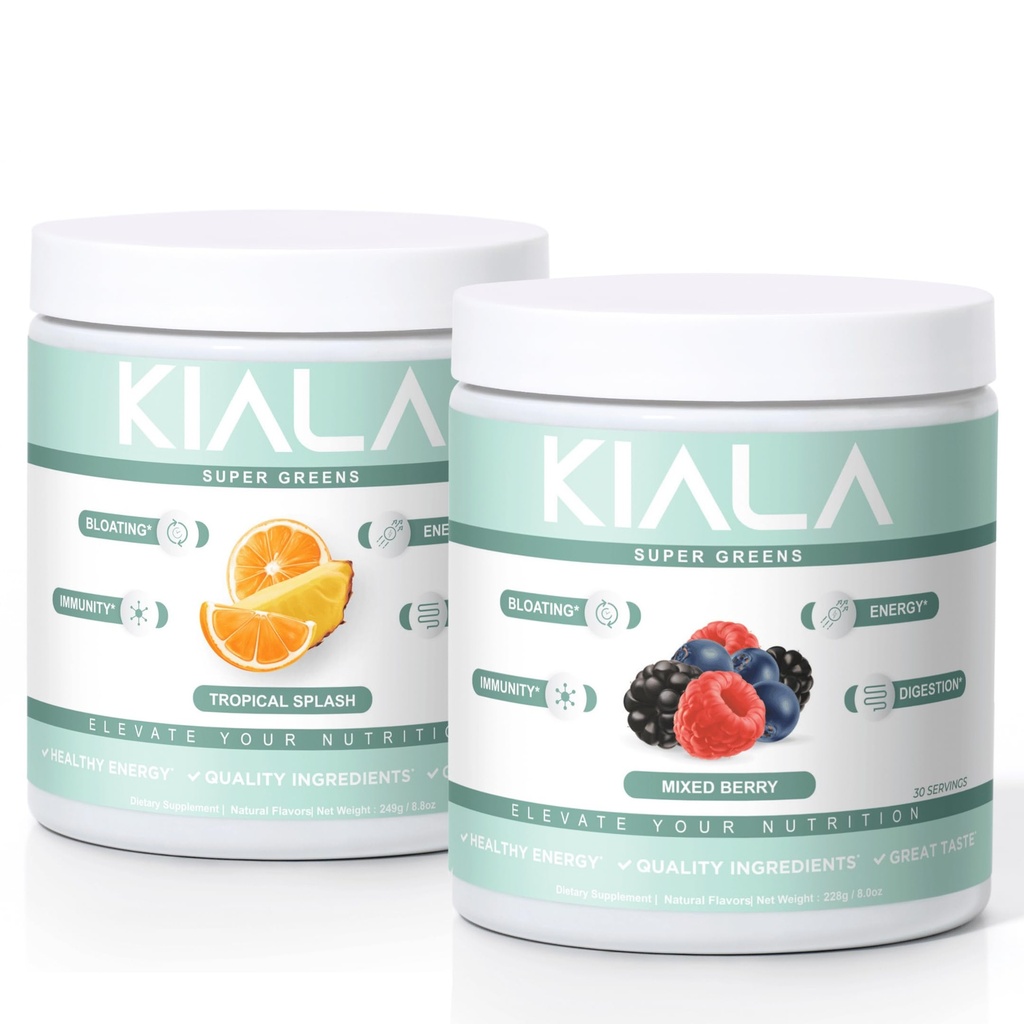 Kiala Nutrition Super Green, Organic Green Powder, Spirulina & Chlorella Superfood Powder, Cukr & gluten Free Vegan, Spectra Blend, Tropical Slash, Smíšené Berry 2 Pack