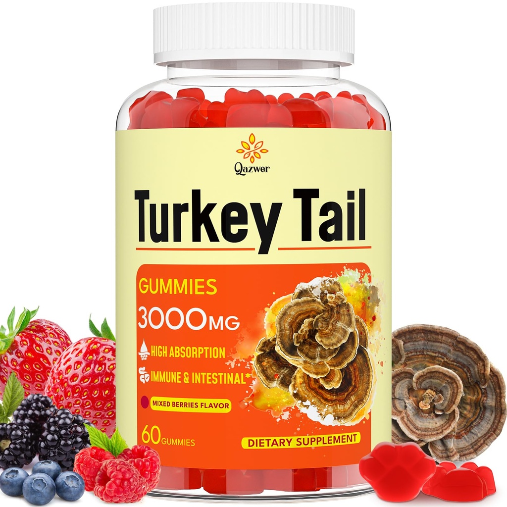 Turecko Tail Houba, Turecko Ocas (100% Fruiting Body, 40% Beta Glucans) přidat Black Pepper, Houba Gummies pro Gut, Energy, Brain & Imunitation Support, Smíšené Berries Flavor 124; Vegan, Non- GMO, 60ct