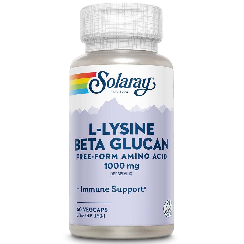 SOLARAY L-lysin s Beta Glucan, Volný formulář Amino Acid, L-Lysin 1000mg Kapsle, Imunitní Supplement, Zdravá kůže a rty Podpora, 60- denní záruka, Laboratorní ověřené, 30 Služební, 60 VegCaps