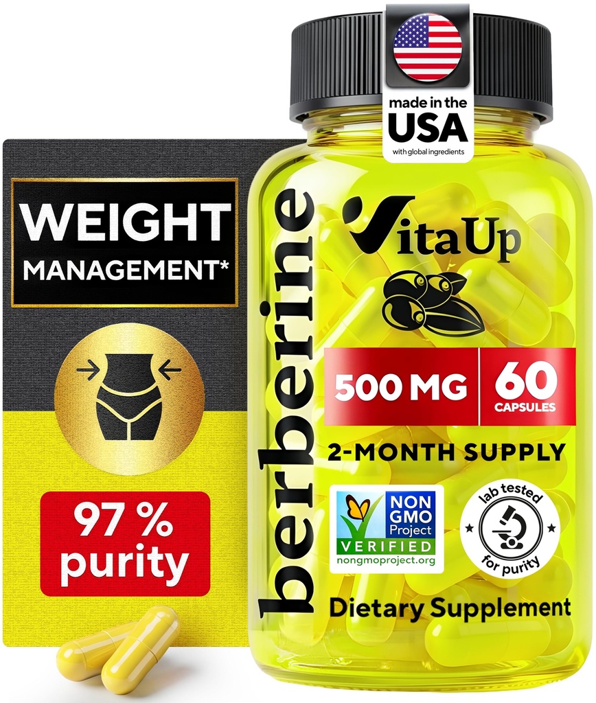 Berberine dodatek 500mg - USA Made Berberine 500mg - Non- GMO Berberine HCL - Berberine doplňky pro řízení hmotnosti, energie, imunitní podpora - 60 Kapsle