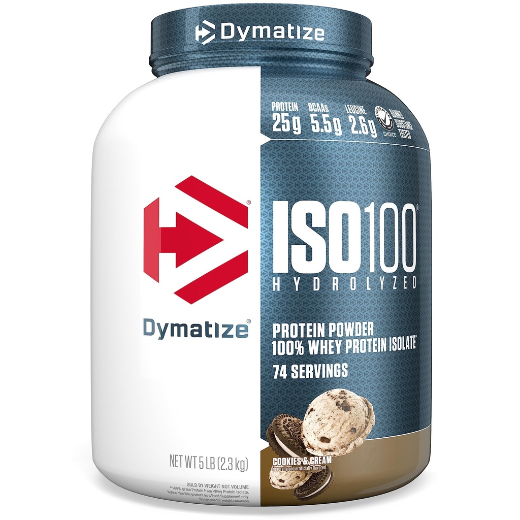 Dymatizovat ISO100 syrovátkové bílkoviny prášek izolát, Cookies & Cream, 25g proteinu, 5 liber, 5,5g BCAA, méně než 120 Cal., gluten zdarma, 1g tuku, 1g cukru, 2g karbu (74 Služeb)