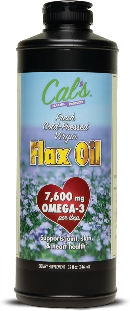 Cal 's Flax Oil, Cold Pressed Flax seed, High in Omega 3 Fatty Acid, Nerafinovaný Flax Seed Oil, Pure Flax Seed Oil Liquid Supplement for Joint, Skin, and Heart Health Support - 32 oz