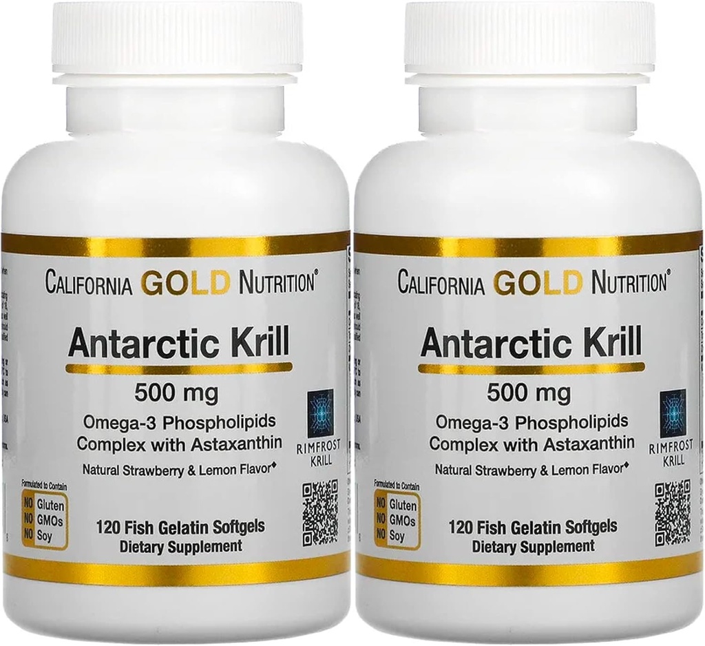 California Gold Nutrition Antarctic Krill Oil, Ultra- High Omega-3 s astaxanthin, přírodní jahoda & Lemon Flavor, non GMO, gluten zdarma, 500 mg, 120 Fish Gelatin Softgels, 2 balení