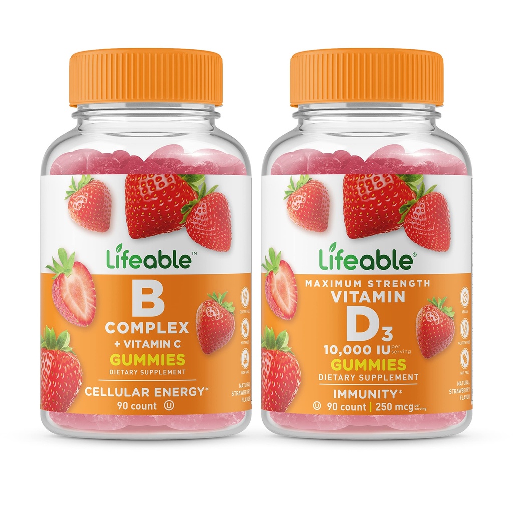 Lifeable B Complex + Vitamin D 10000 IU, Gummies Bundle - Velký přípitek, vitamin dodatek, gluten zdarma, GMO zdarma, Žvýkací