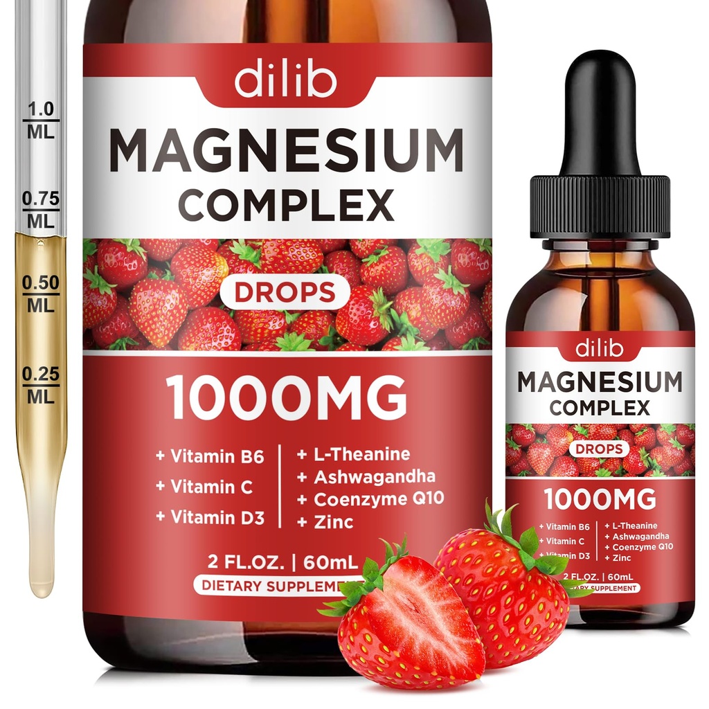 Triple Magnesium Complex Dodatek, Glycinát hořčíku, Směs, Citrát kapalné kapky 1000mg s Ashwagandha, CoQ10, Vitamin B6, C, D, Zinek -Podpora klidu Stress Relief, kost, svalovina, Mood Vegan