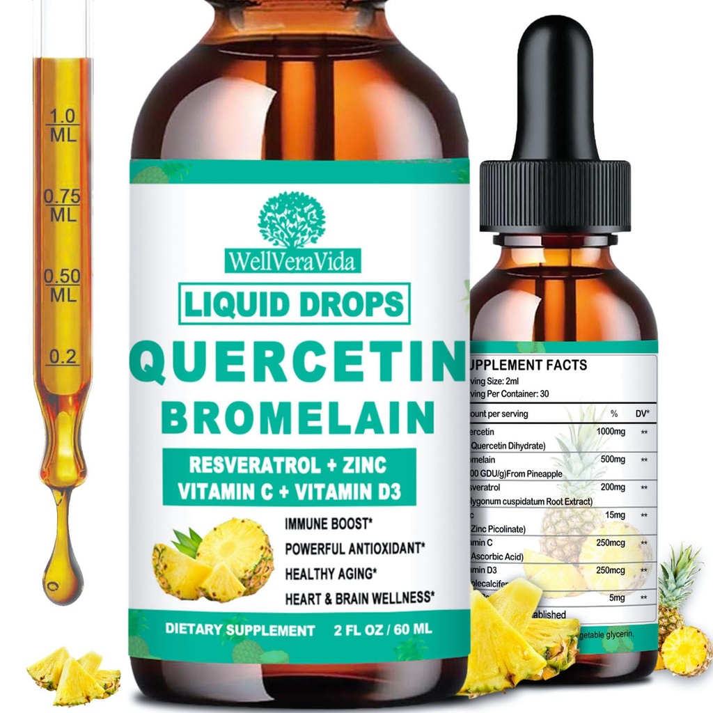 Quercetin s Bromelain Liquid Drops, 4X Silnější než kapsle & pilulky, 7- in-1 Organic Zinek Quercetin 1000mg s Bromelain 500mg vitamin C D3 imunitní podpora pro zdraví a antioxidant