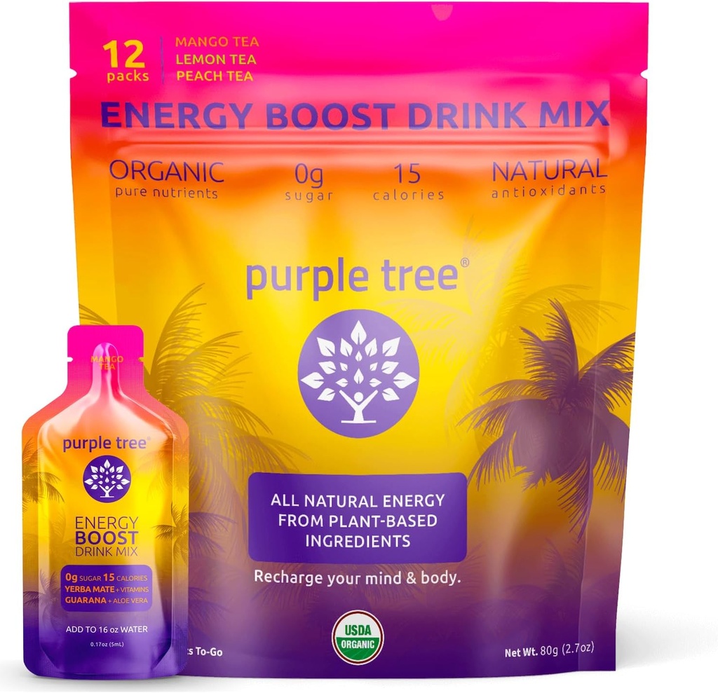 fialový strom Organic Energy Stick Packets - Nulový cukr, 80mg přírodní kofein z Yerba Mate & Guarana, s B12 Vitamíny pro hladké, Crash- Free Energy - Lemon Iced Tea Flavor, 12 to- Balení