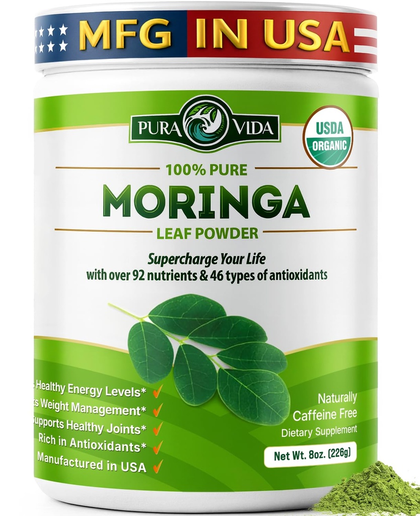PURA VIDA MORINGA Powder Organic Single Origin - Premium 100% Leaf Powder, USDA Organic Moringa Oleifera, Moringa Leaf Powder - Ideální pro Smoothies & Recipes. 8 oz.