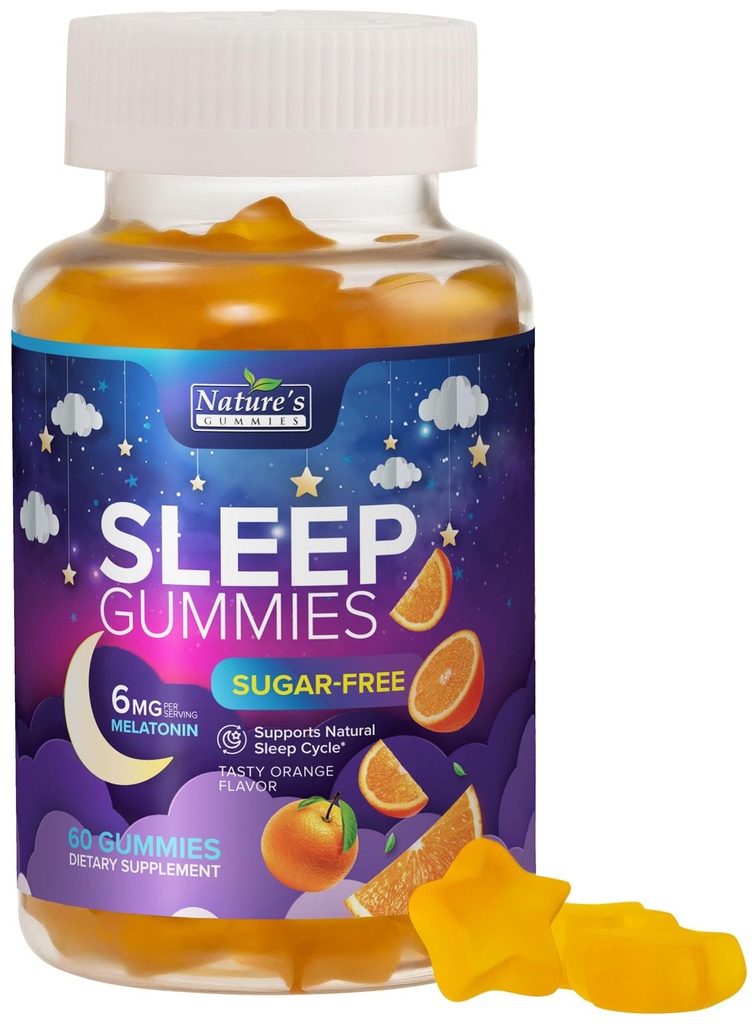 Sleep Gummies Dodatek 6 mg - Cukr zdarma melatonin Gummy pro dospělé, přírodní nula cukr Spící Gummy pro dospělé, děti, Oranžová ochucená, Vegan, Extra Spí Vitamin Support - 60 Gummies