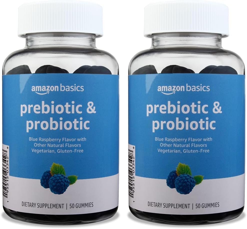 Basics Prebiotic & Probiotic Gummies, 2 biliony CFU, Blue Raspberry, 50 Count (2 per Serving) (dříve Solima) (Pack of 2)