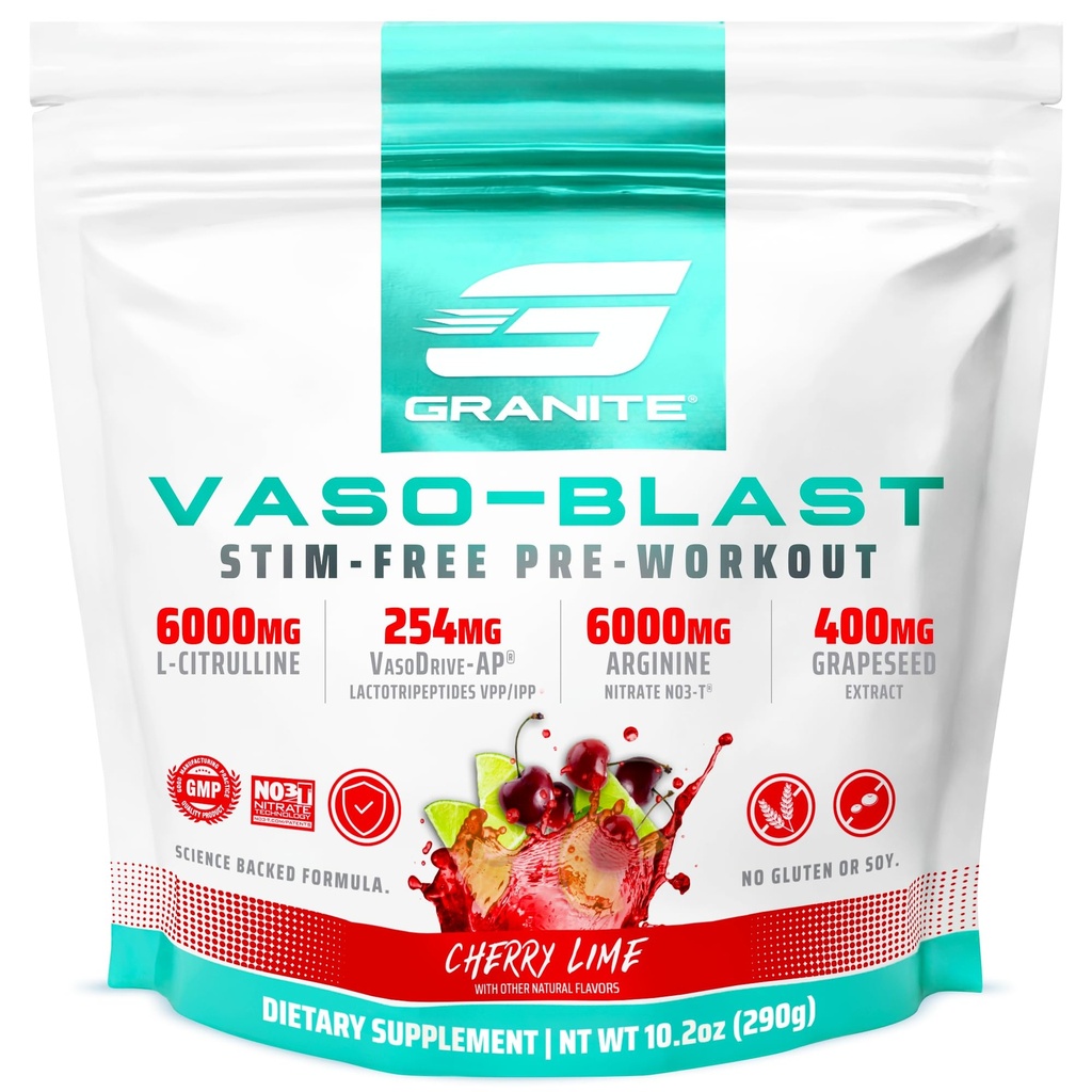 Granitové doplňky Vaso Blast, Cherry Lime Flavor, Stimulant- Free Pre Workout pro muže a ženy s Grapeseed Extract, Arginine Nitrit, & VasoDrive-AP pro Max čerpadla (20 Služeb)