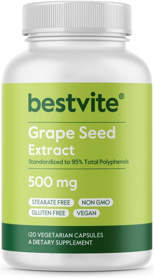 BESTVITE Grape Seed Extract 500mg (120 Vegetariánských kapslí) - No Stearates - Standardizované na 95% polyfenoly