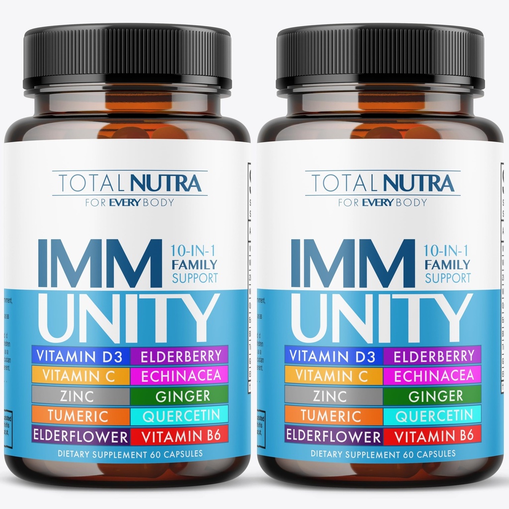 10-In-1 Imunitní podpora Dodatek: Imunitní Boostery pro dospělé a děti Daily Imunity Defense s klíčovým imunitním systémem Vitamíny zink, Vitamin C a D, Plus Elderberry, Quercetin, Echinacea & Více, 60 Caps