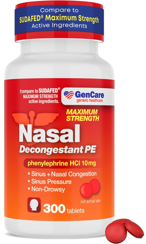 GenCare - Nasal Decongestant (10mg tablety) Fenylefrin HCl (300 tablet per Lahvička) 124; Value Pack Non Drowsy Sinus a Nasal Congestion Relief 124; Nižší sinusový tlak v důsledku alergie nebo onemocnění