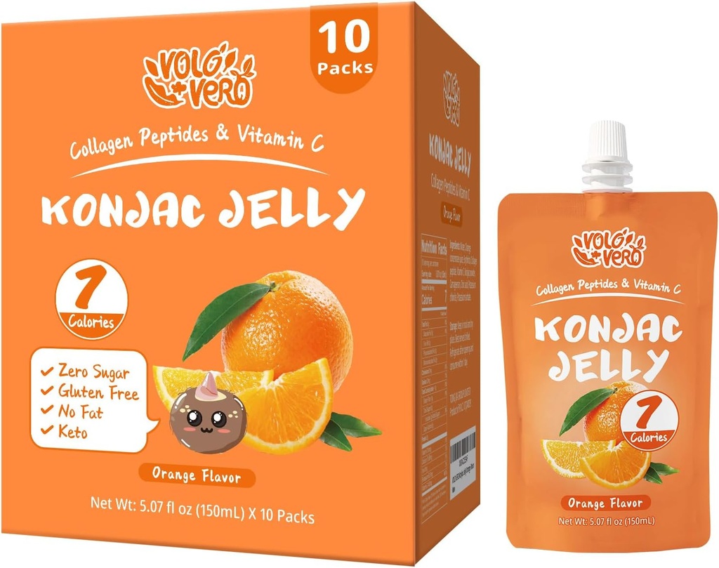 Konjac Jelly Pouch Drinkable Orange Flavor, Nízké kalorie (7 Kcal), 10 Balení, Lepek zdarma, Keto, Cukr zdarma, Nízký karb, Vitamin C zdravé ovocné svačiny, Dovolená dárek
