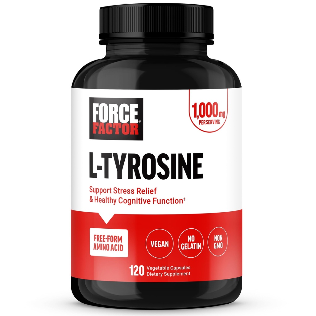 FORCE FACTOR L Tyrosin Stress Relief Dodatek, L-Tyrosin Brain Zdraví doplňky pro dospělé, L-Tyrosin 500mg Kapsle, Volný formulář, Vegan, No Gelatin, Non- GMO, 120 Kapsle
