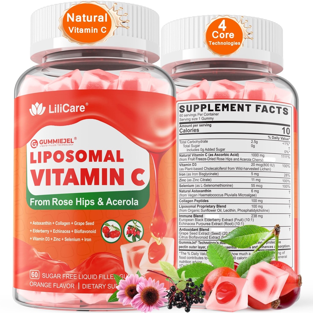 Přírodní liposomální vitamin C 1000mg Gummie pro dospělé a děti 9 +, Žvýkací vitamin C w / 11mg zinek, D3, Elderberry, Echinacea,, Bioflavonoid, Imunitní podpora, Celé jídlo VIT C z ovoce, cukr zdarma