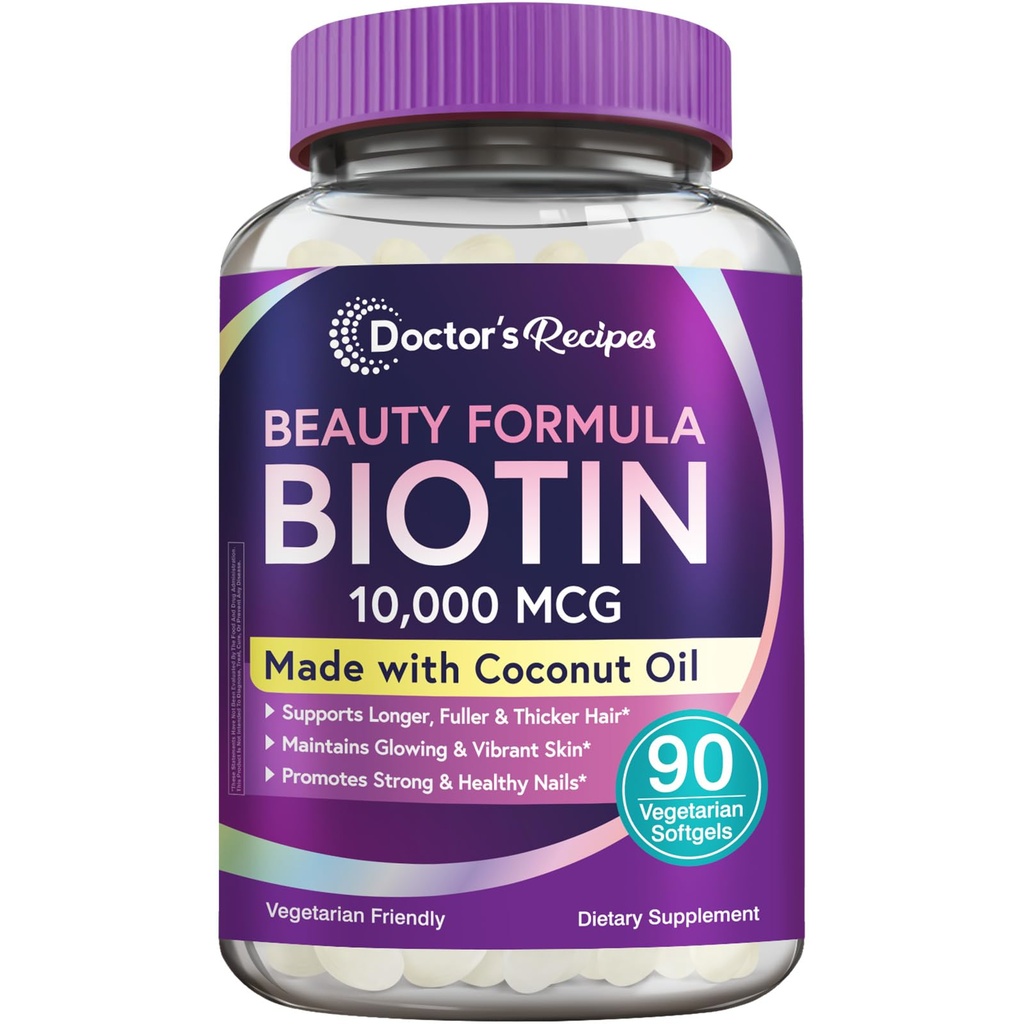 Lékařské recepty Biotin 10,000 mcg, růst vlasů, Zdravá kůže & hřebíky, Energetický metabolismus, Vegetarian- Friendly Biottin, s kokosovým olejem, Non- GMO, 3 Měsíční dodávky, 90 Vegetariánské tanga