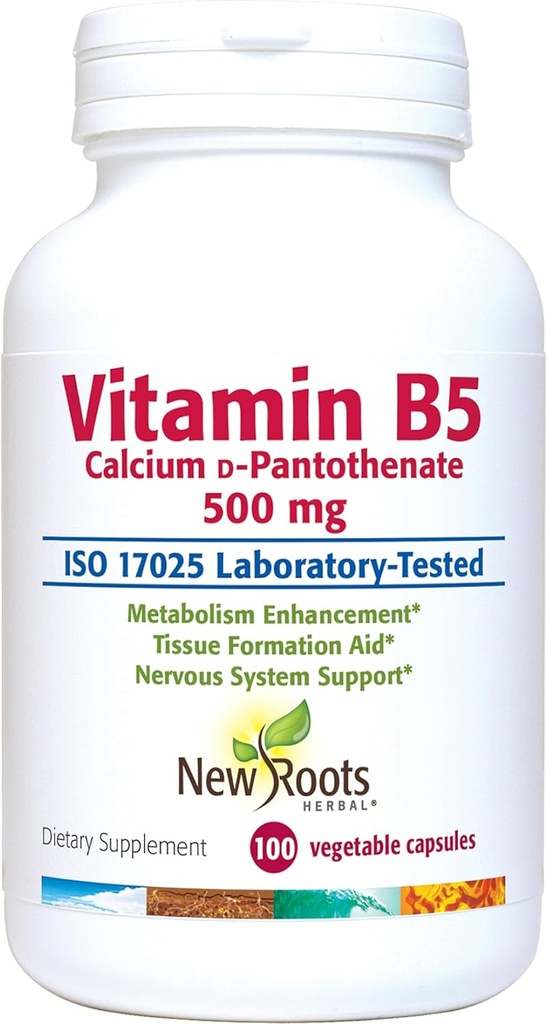NEW ROOTS HERBAL Vitamin B5 (500mg) s kalcium124; Vitamin B5 Pantotenová kyselina dodatek (100 kapslí)