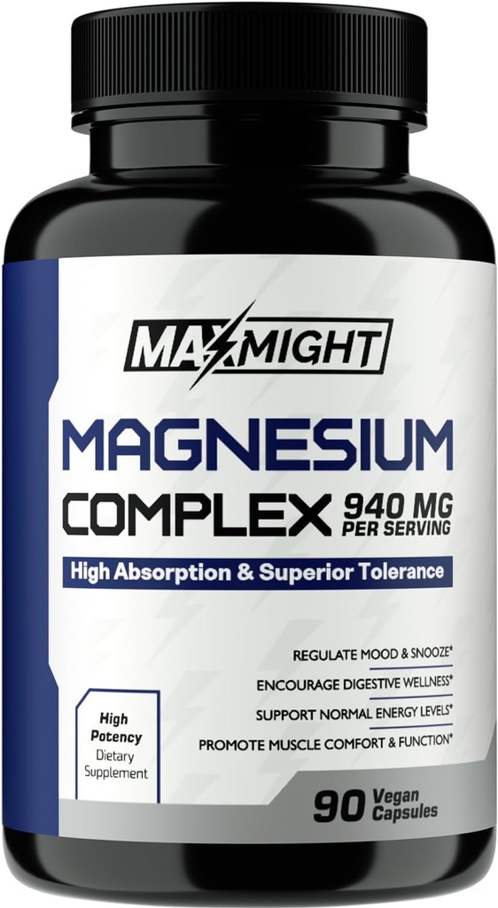 Komplex hořčíku, 210 mg Elemental Magnesium, Glycinát, Citrát & Malate, Non- GMO, Max Absorpce, Svalovina, Mood, Energie, 90 Veganových tobolek