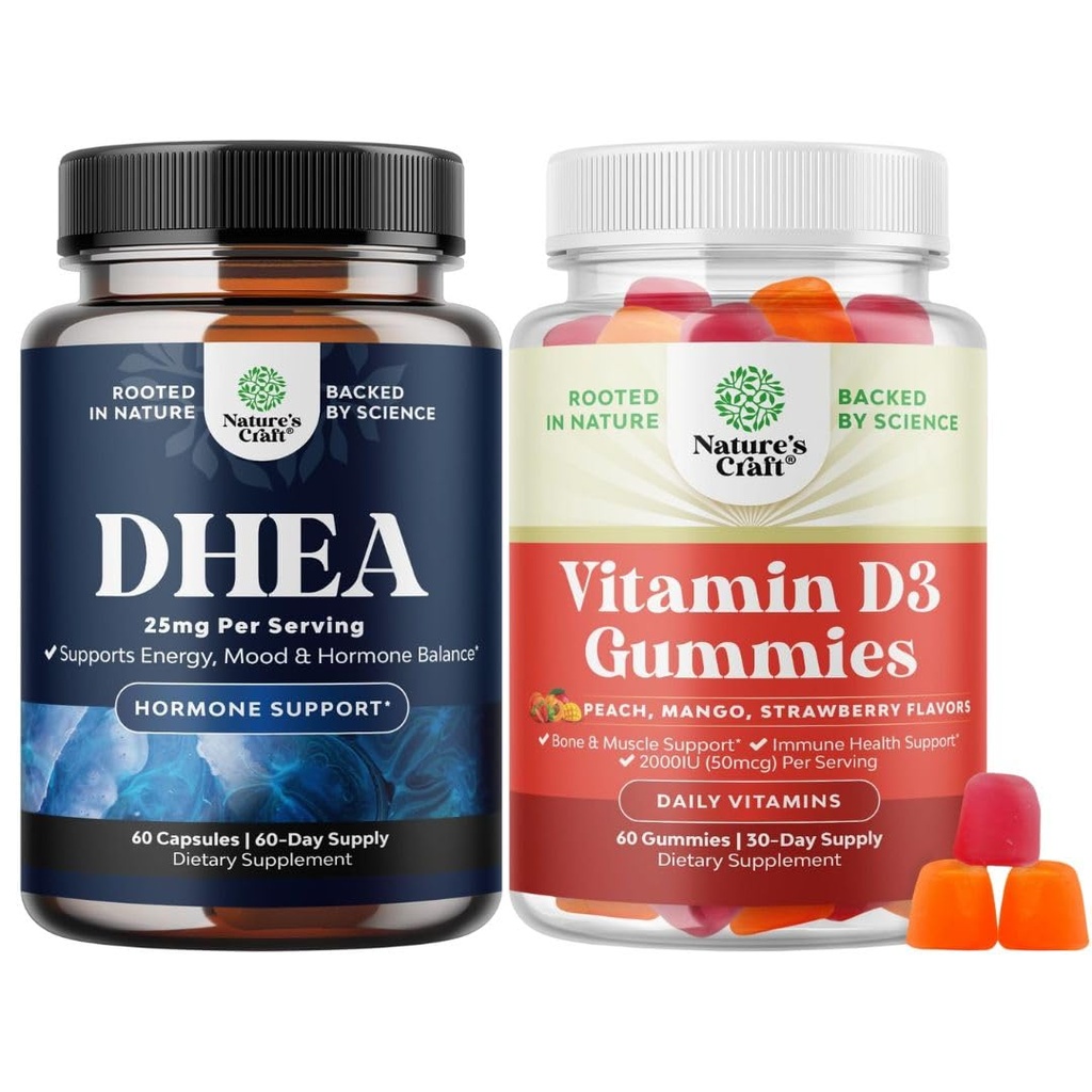 Svazek DHEA dodatek pro rovnováhu hormonů, stabilita nálad, funkce mozku - Dehydroepiandrosteron a vitamín D3 Gummies pro denní wellness s 2000IU per Serving Bone Muscle & Imunitation Support