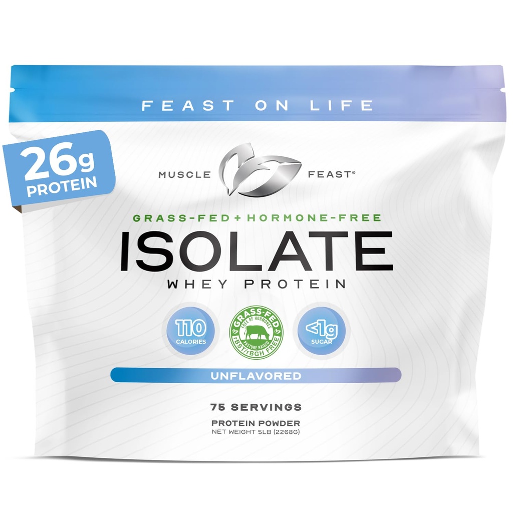 Muscle Feat Grass-Fed syrovátkový protein izolát, všechny přírodní hormon zdarma pastviny zvýšené, syrovátkový izolát protein prášek pro muže a ženy, čisté, non-GMO & gluten- free, izolát protein - bez příchutí, 5lb