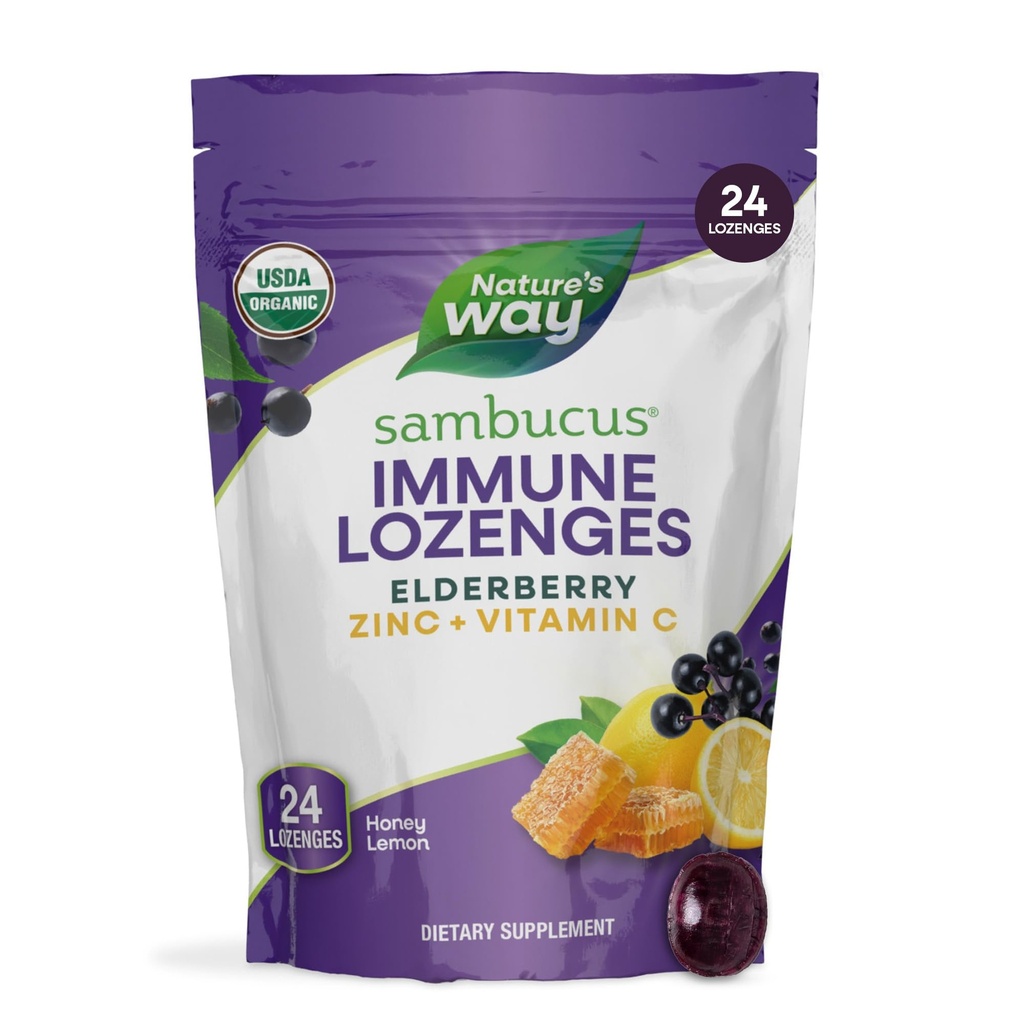 Nature 's Way Sambucus Zinek Lozengy s Elderberry a vitamínem C, Med Lemon Flavor, 24 Lozenges
