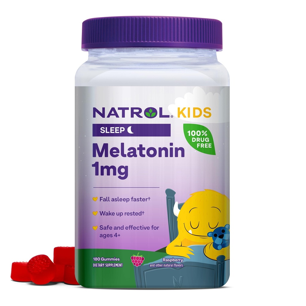 Natrol Kids Melatonin 1 mg, Dietní dodatek pro klidný spánek, Melatonin gumy pro děti, 180 Raspberry- ochucené gumy, až 180 den dodávky