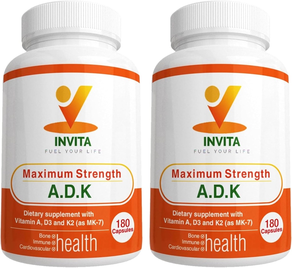 INVITA ADK - Vitamíny A1, Vitamin D3 5000 IU & K2 MK7 Supplementary - Lékařská automatizovaná podpora kostního a imunitního systému - Gluten Free, Non- GMO - 180 Vegetariánských kapslí pro muže a ženy