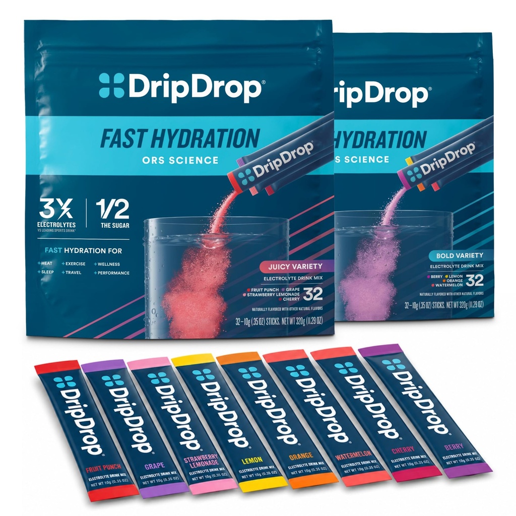 Hydratace DripDrop - Electrolyte Powder Packets - Meloun, Berry, Lemon, Orange, Fruit Punch, Grape, Strawberry Lemonade, Cherry - 64 Počet
