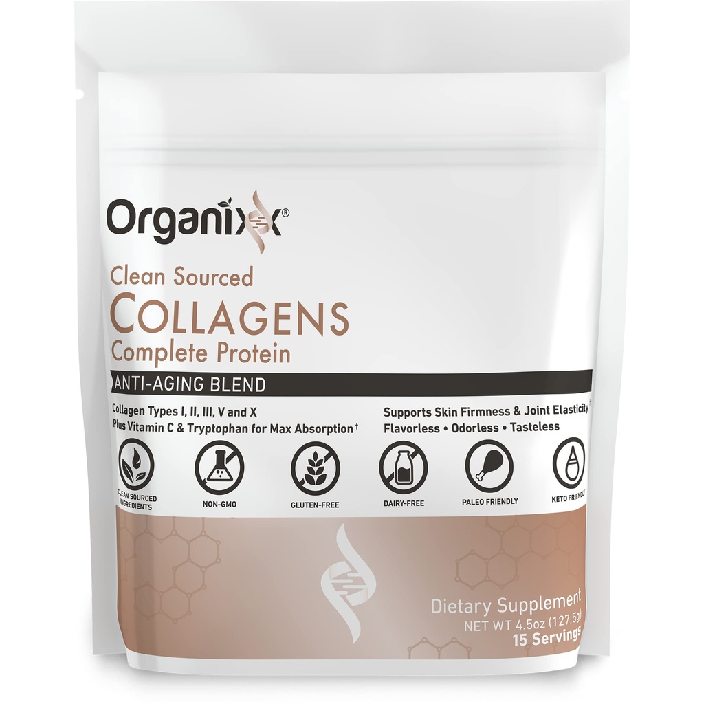 Organixx kolagen Peptidy Prášek s vitaminem C, Typy I, II, III, V, X Hydrolyzované kolagen, Vlasy, hřebík, kůže, kost a společné zdraví, Stárnutí podpora, čisté sourced, gluten zdarma, Neochucené, 15 Služeb
