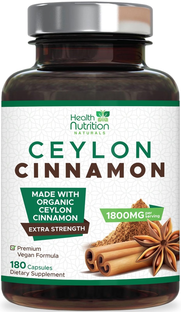 Ceylon Skořice Kapsle 1800mg - Certified Organic Ceylon Skořice Powder Supplement, Lahvička v USA, Extra síla Energy & Heart Support Pills, Non- GMO & gluten Free, Cukr Free - 180 Kapsle