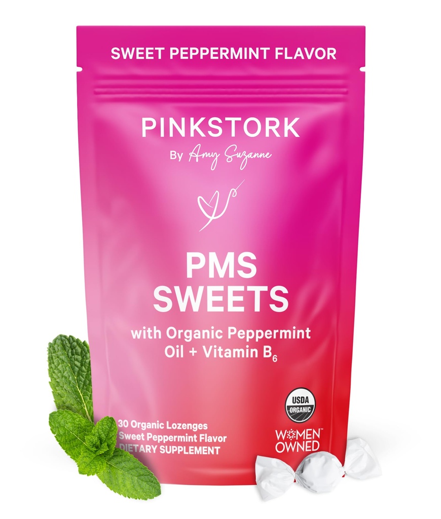 Pink Stork Organic PMS Support Sweets for Teens and Women - Simple & Natural Ingredients Vitamin B6 and Peppermint - Perioda, Digestion, Bloating, Mood Swings - 30 Kapky