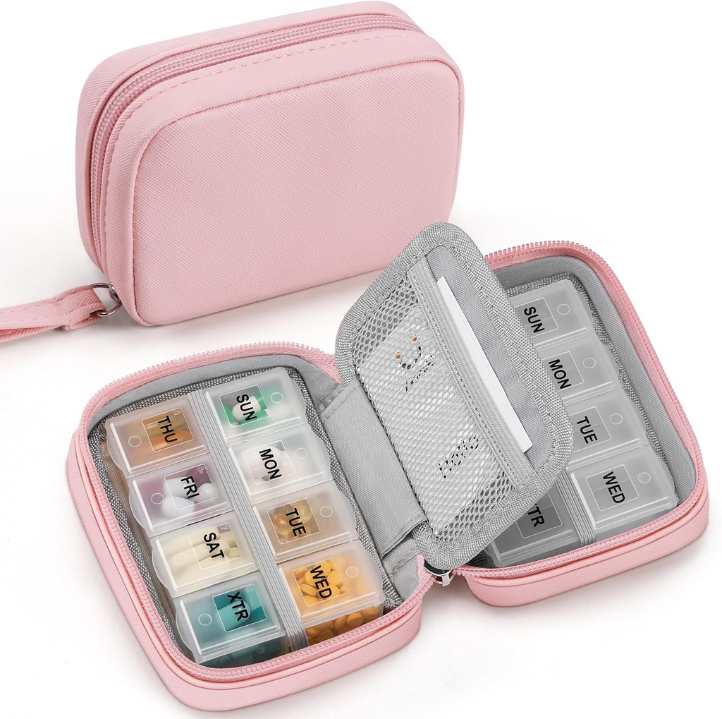 Zannaki roztomilý Pill Pořadatel pro Purse se dvěma odstranitelné 7- denní Pill Box, Cestovní PU kůže Pill Pouzdro, Přenosný týdenní Pill Kontejner se skladovacím vakem držet vitamíny, rybí oleje, doplňky (růžové)