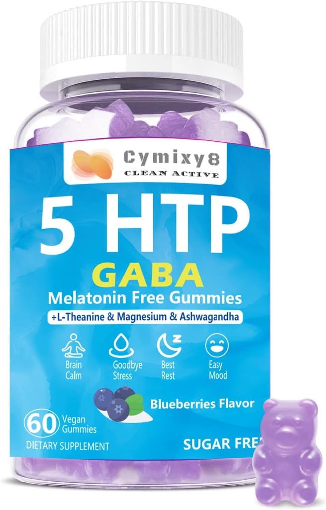 5-HTP GABA Gummies Blend 1700mg, Sugar- Free Calm Gummies with L Theanine, Magnesium, Ashwagandha, Omega-3-6-9, Vitamin D3, B6 for Natural Zzzs, Mood, Brain- Calm, Blueberry Flavor 60Count