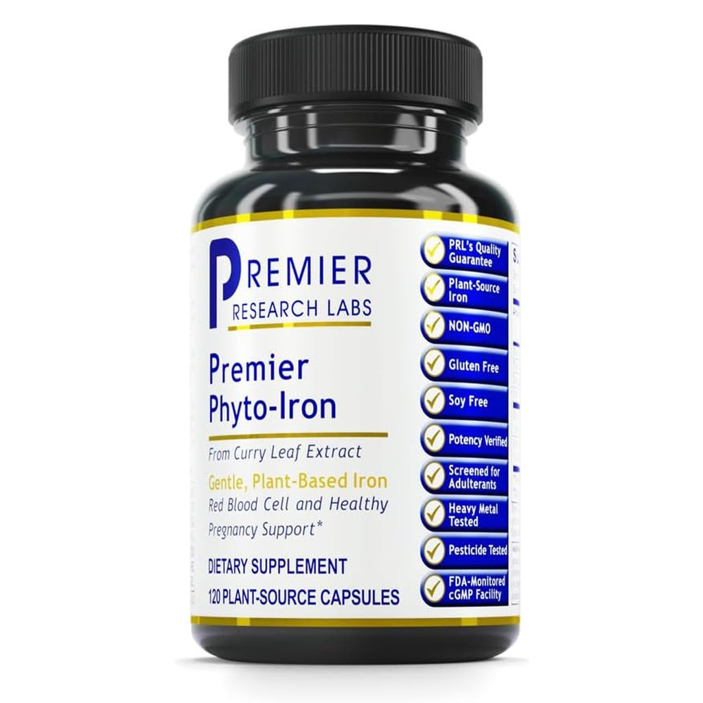 Premier Research Labs Phyto- Iron - Plant Based Iron for Men & Women for Blood Supplementary, Příplatek Curry Leaves, Železné doplňky, Non-Heme Iron, 18mg Iron Per Serving - 120 Vegetariánské kapsle