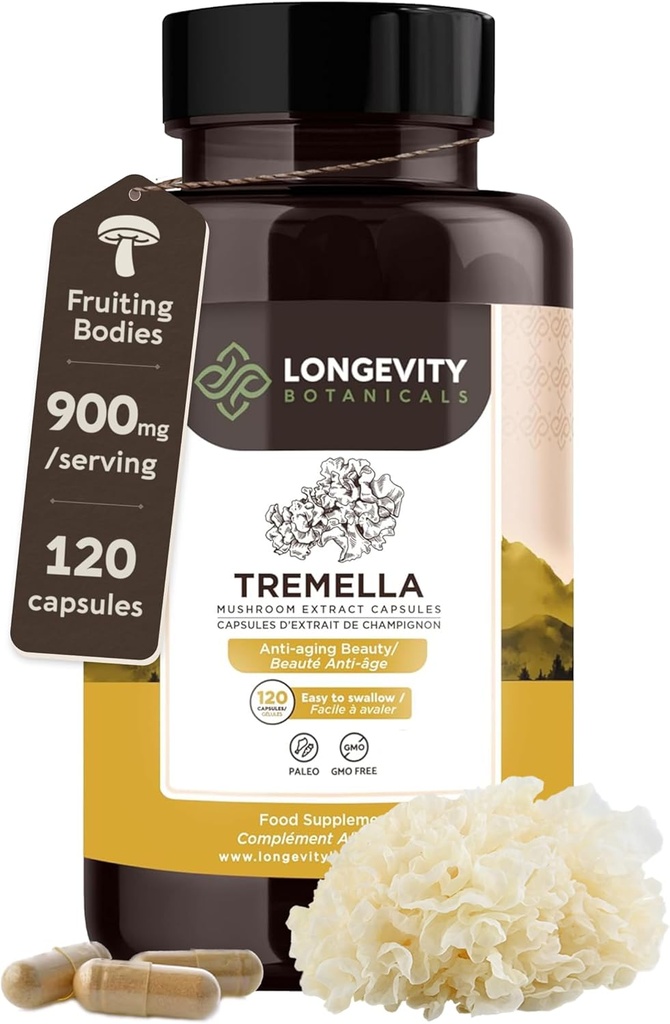 Organic Tremella Houba Kapsle dodatek (120) Duplicate 124; Ovocný subjekt 10: 1 Vysoká síla Sněhová houba Extract Duplica124; 10% Beta-D Glucans Duplica124; 9,000mg Surový Ekvivalentní Per Serving Duplica124; Hydrace kůže & Podpora mozku