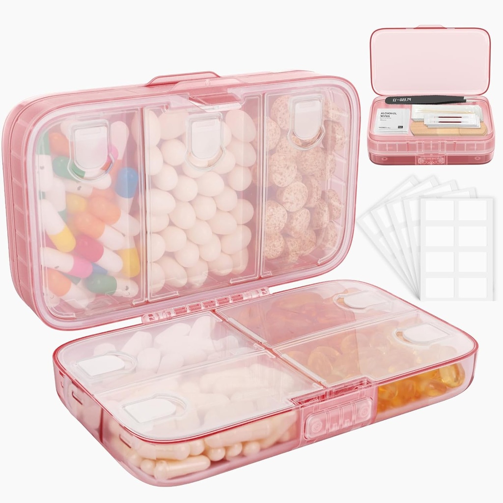 Týdenní porce pořadatel s etiketami, 8 Compartments Travel Daily Pill Pouzdro vzduchotěsné Moistureproof Velké Pill Box držet vitaminy, rybí olej, doplňky, bavlněné swab a bandages- růžové