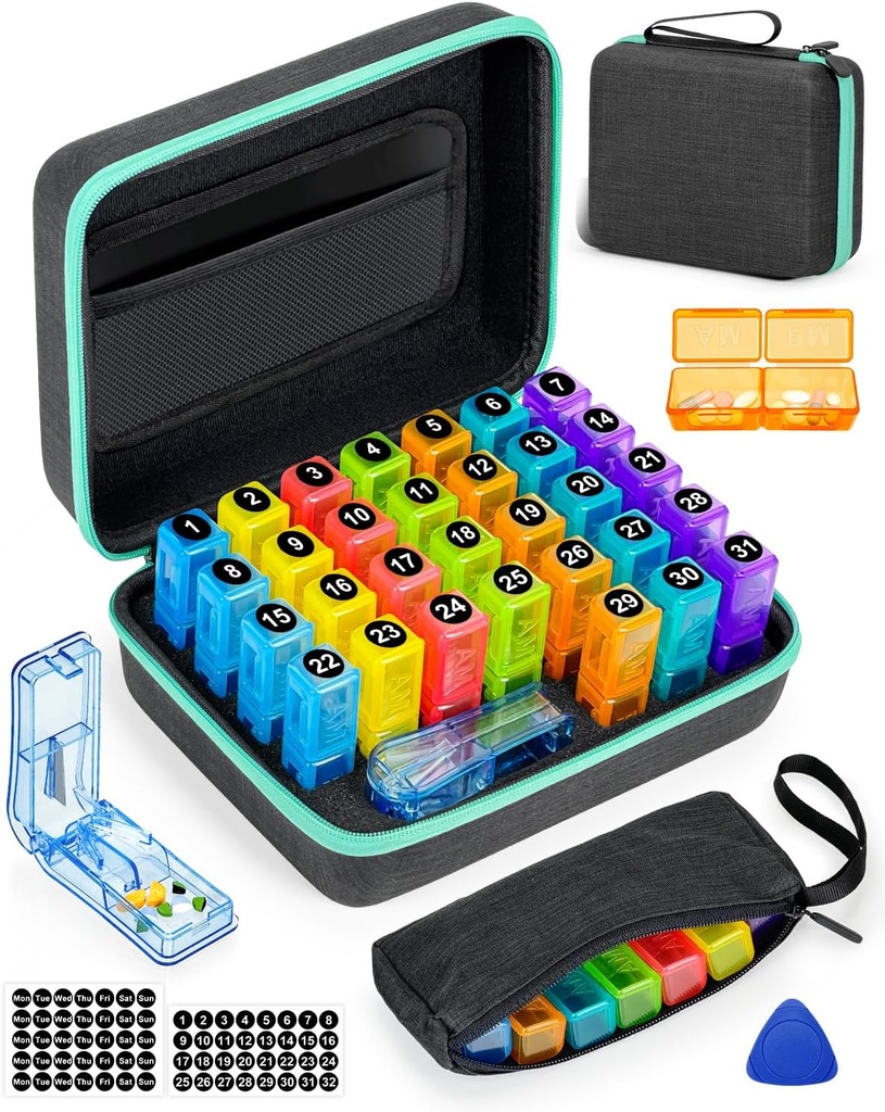 Měsíční Pill Organizátor 2 krát denně, s týdenní Pill Bag, přenosné tvrdé Shell, Pill Cutter, Plastové otevírací Pick, Měsíční & Týdenní nálepky, Pohodlné řízení a sledování léčby