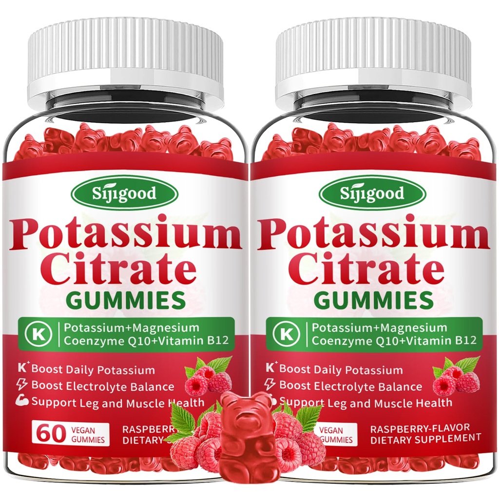 2 Pack kalium Citrát gumové - doplněk draselné pro svalové zdraví, Leg Cramp Relief & Electrolyte Balance, Vegan, Non- GMO, gluten- bez, Malina Flavor, 120 Počet