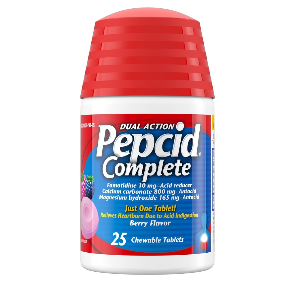 Pepcid Complete Acid Reducer + Antacid for Acid Reflux, 10mg Famotidin, 800mg vápenatý karbonát & 165mg Hydroxid hořečnatý per Heartburn Medicine Tablet, Antacid Chews, Berry, 25 ct