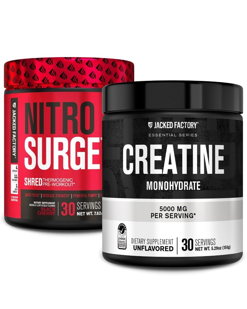 Jacked Factory NITROSURGE Shred Pre Workout dodatek (Black Cherry, 30 Servings) & Creatine Monohydrát prášek (Neochucený, 30 Servings)
