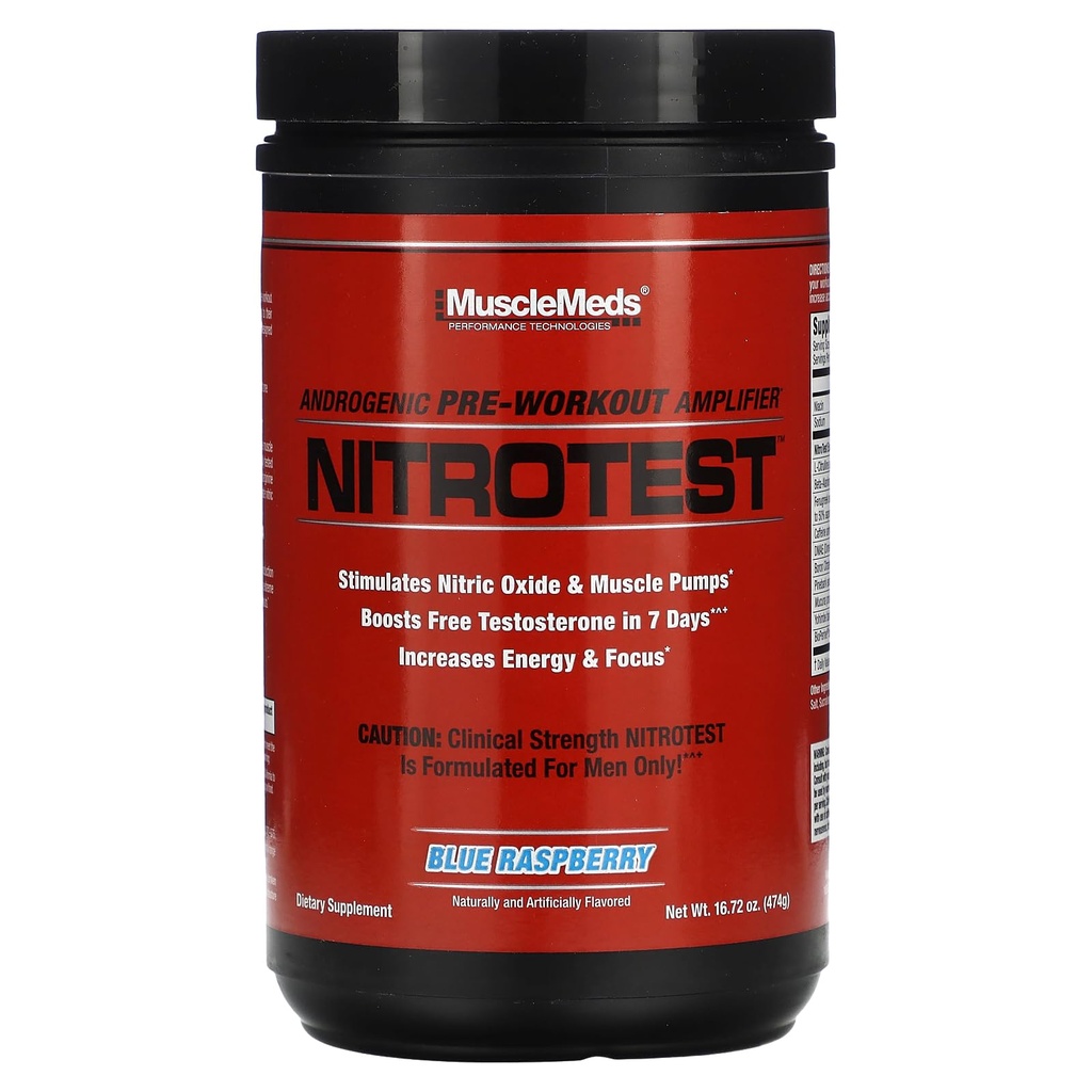 MuscleMeds Nitrotest Pre- Workout Doplněk Drink, Zvýšení oxidu dusnatého, Testosteron, Blue Raspberry, 30 Serving, 1.04 Pound, 1 Počet