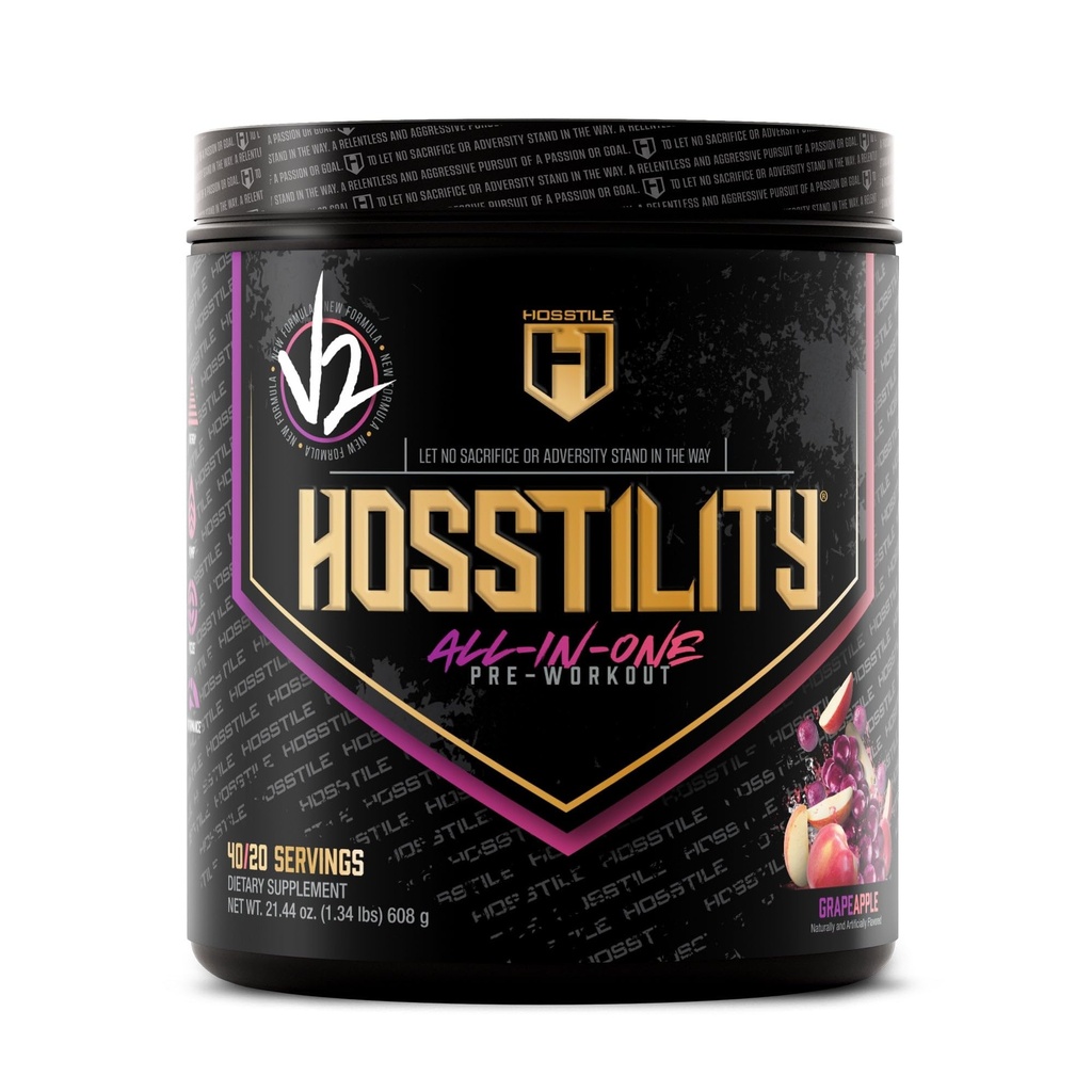HOSSTILE Hostility V2 Pre Workout, All- in- One Pre Workout Powder for Men and Women, Enhance Muscle Pump, Increase Energy, Boost Strength, Sharpen Focus, Grape Apple, 40 Služeb