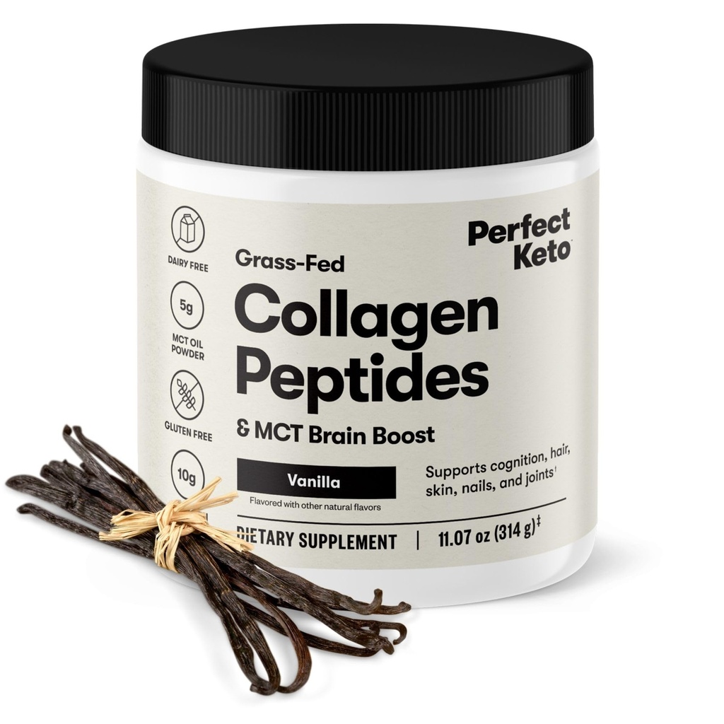 Perfect Keto kolagen Peptides Protein Powder with MCT Oil, Grass Fed, Hydrolyzované kolagen, Typ I & III Dodatek, Keto Coffee Creamer, Vanilla