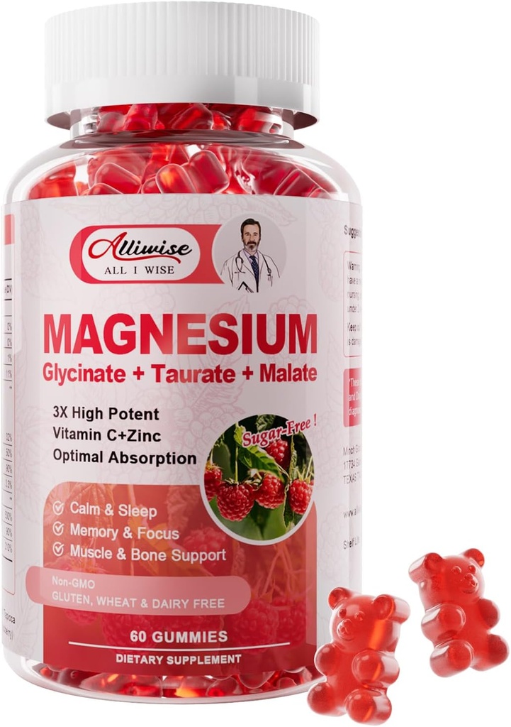 Glycinátové gumy hořčíku, doplněk hořčíku draslíku s taurátem, malát, vitaminy D, C, B6, vápník, podpora těla, Malina hořčík gumy pro dospělé a děti